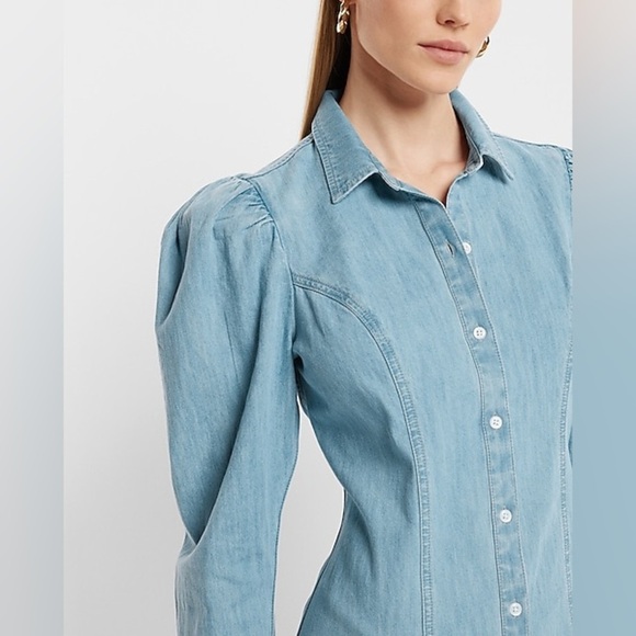 🔆 Express Denim Puff Sleeve Button Front Mini Shirt Dress, Size XS - Picture 2 of 3